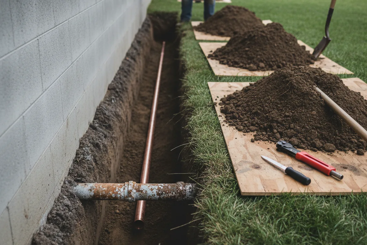 Excavated water line trench during Water Softener Installation in Fresno